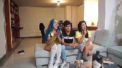 Man watches a soccer game with two girls licking pussy next to him