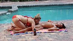 Massaging my step daughter turns into pussy eating by the pool